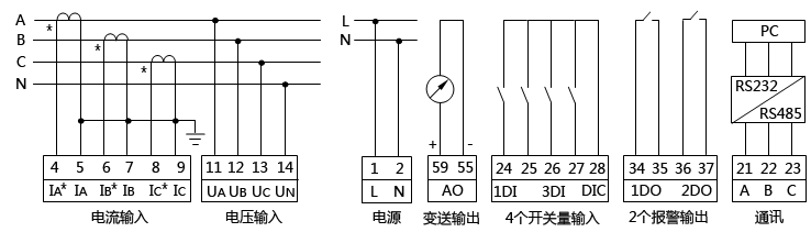 三相四线低压系统有功功率表接线图