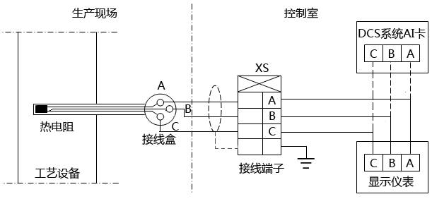 热电阻三线制测温系统回路示意图