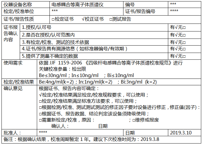 电感耦合等离子体质谱仪校准确认记录