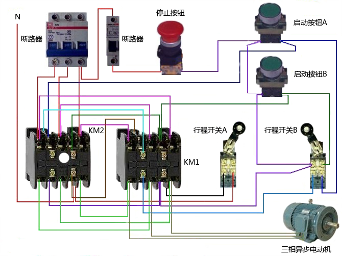 电动机正反转控制+限位控制实物接线图