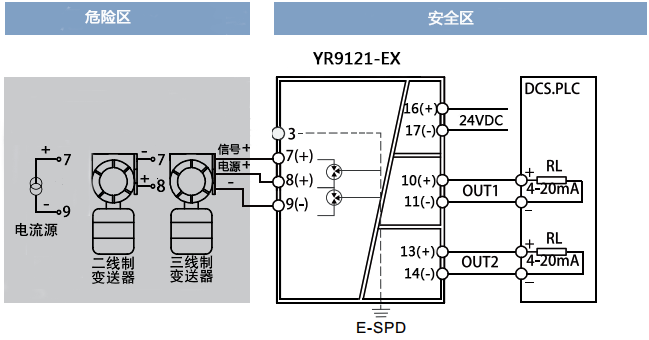 一进二出检测端隔离安全栅接线图