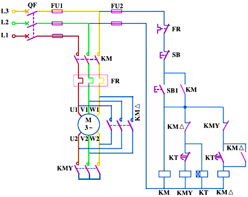 三相异步电动机星-三角形降压起动的电气原理图